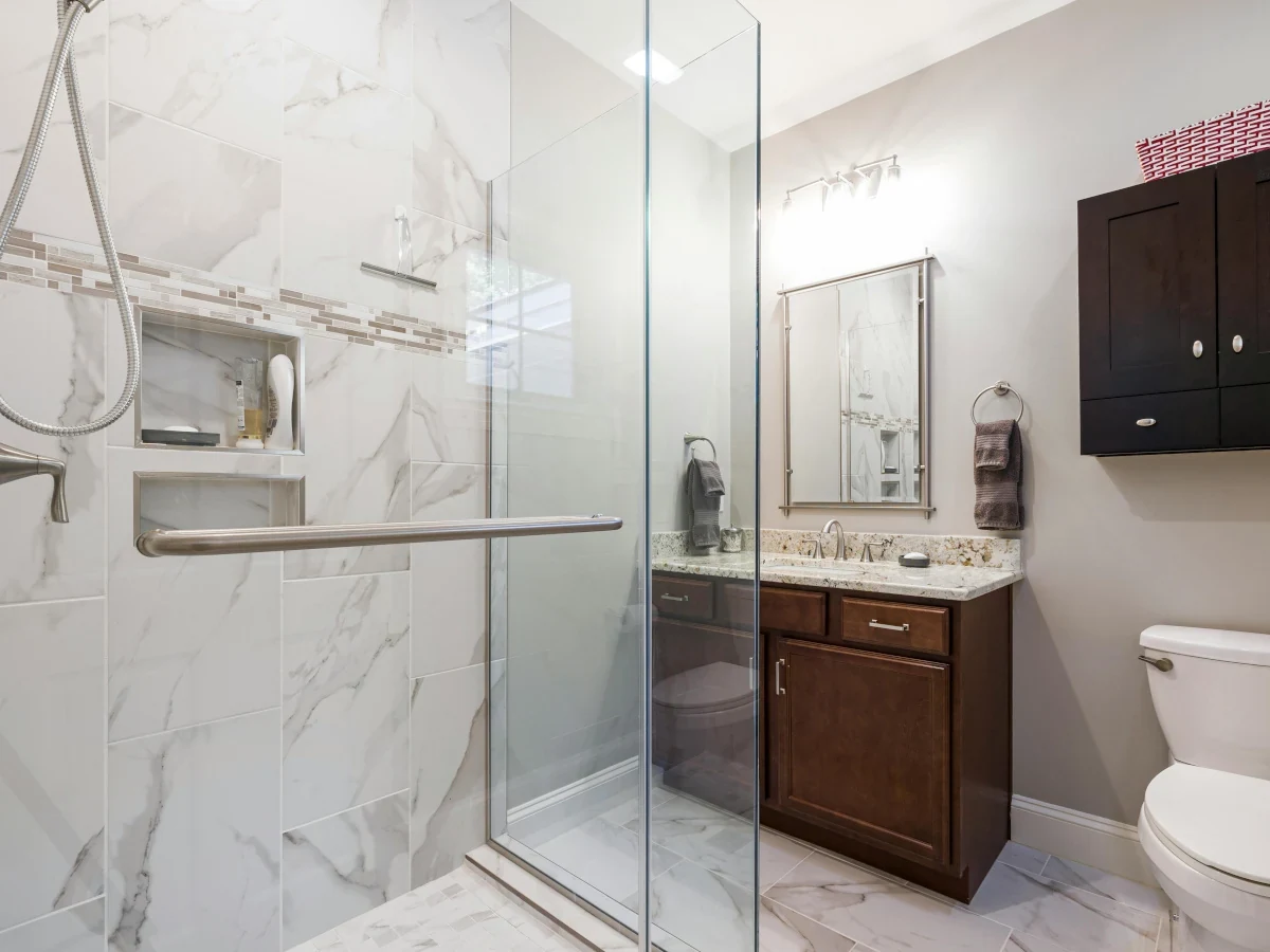 Shower niche with grey porcelain tiles installed by Daffodil Tiling in Swansea